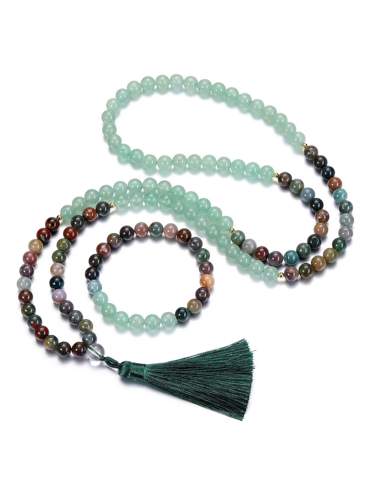JSDDE Lot Chapelet Collier Mala Tibétain 108 Perles en Pierres Naturelles 8mm Bracelet Élastique de Perles Cristal pour Homme Femme Chapelet 108 Grain Bouddhiste avec Gland Amulette bijoux de Prière