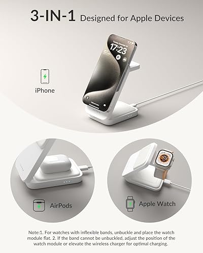Miniatura 2 de Soporte de cargador inalámbrico 3 en 1, estación de carga plegable para iPhone con adaptador de 20 W, cargador inalámbrico magnético certificado Qi2