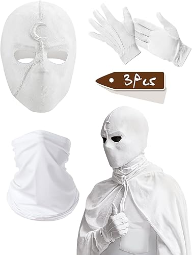 Máscara de luna de látex con casco de caballero, guantes blancos, máscara para el cuello, máscara de cosplay, máscara de disfraz de Halloween