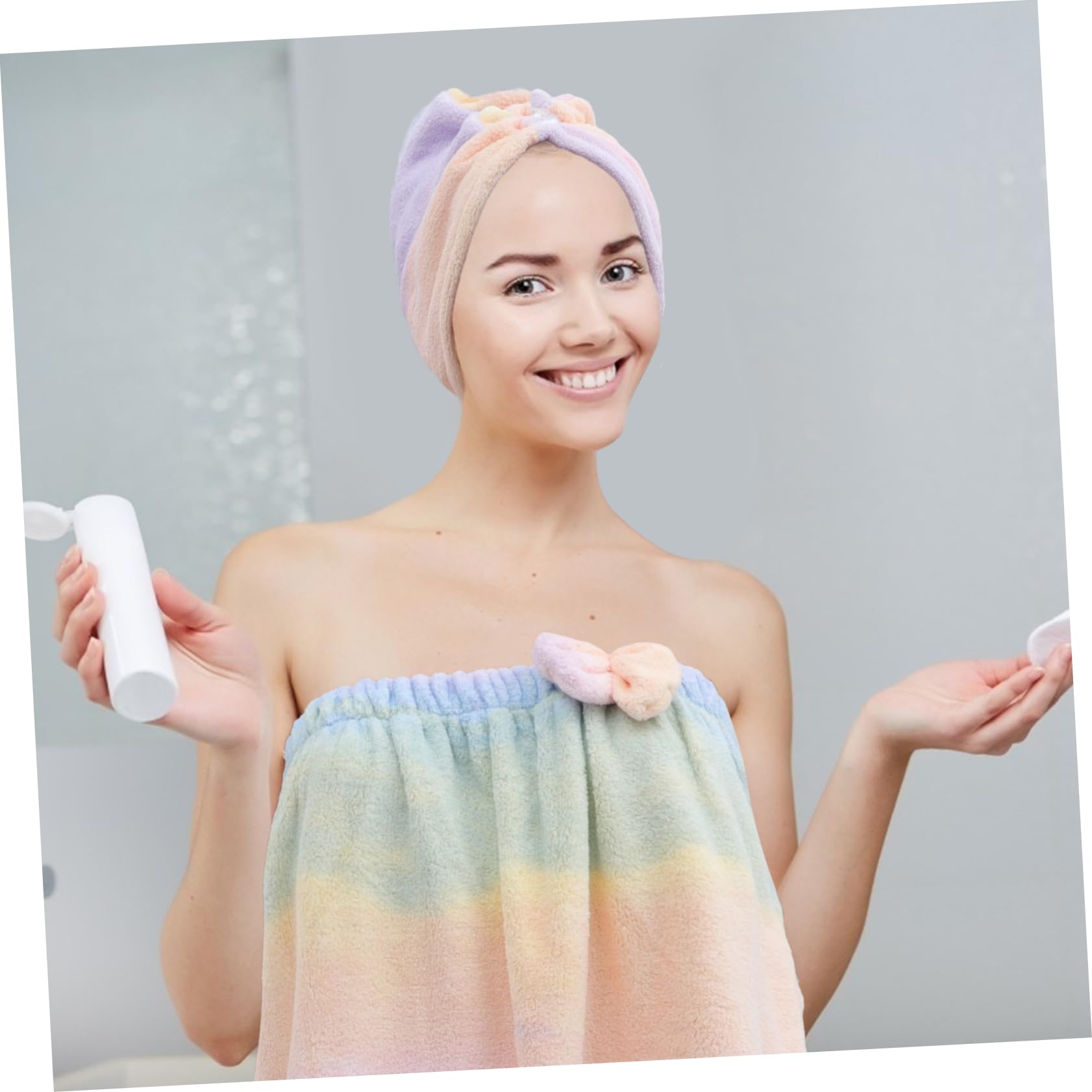 Turban Handtuch Satz für Damen Korallenvlies Atmungsaktiv Schnelltrocknend Knielang für Reise und Spa Baderock mit Hut