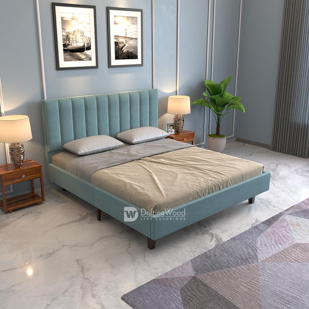 DRIFTINGWOOD Florina Solid Engineered Wood Low Height King Size Bed Without Storage | Wooden Double Bed | Low Floor/Level/Profile Cot Bedroom Furniture | Cyan, Self Assembly (DIY)