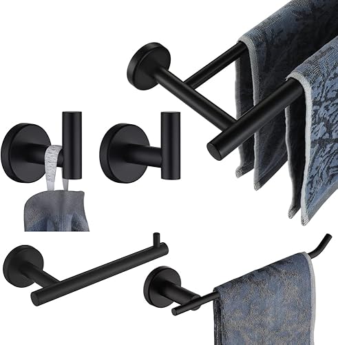 JQK BAS105-PB - Juego de accesorios de baño, 5 piezas, soporte de pared negro mate, incluye barra de toalla de 24 pulgadas, barra HT de 9 pulgadas,