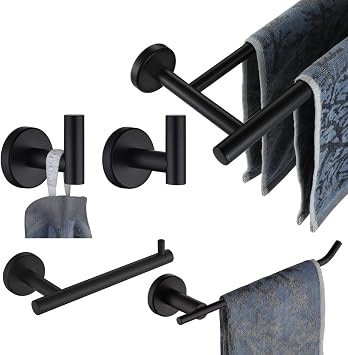 JQK Bathroom Hardware Set, 5-Piece Bath Accessories Set Matte Black Wall Mount Includes 24 in Towel Bar, 9 in HT Bar, TP Holder, Towel Hook x 2, BAS105-PB