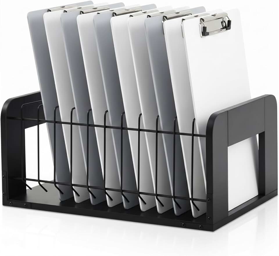 1 Pcs Vertical Clipboard Holder, 12Slot Clipboard Storage Rack, Black | Desk File Organizer for Office Home, No Assembly Wooden and Metal Clipboard Storage Rack, Vertical Stand for Document Papers