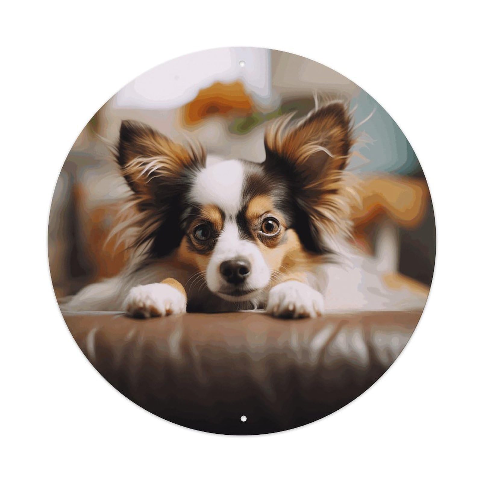 LZQPOEAS Papillon Lying on Tummy Round Aluminum Wall Art Sign, Metal Indoor Wall Decor with Holes, Durable Circular Aluminum Plaque for Home, Bar, Cafe, Living Room, And Office Decoration