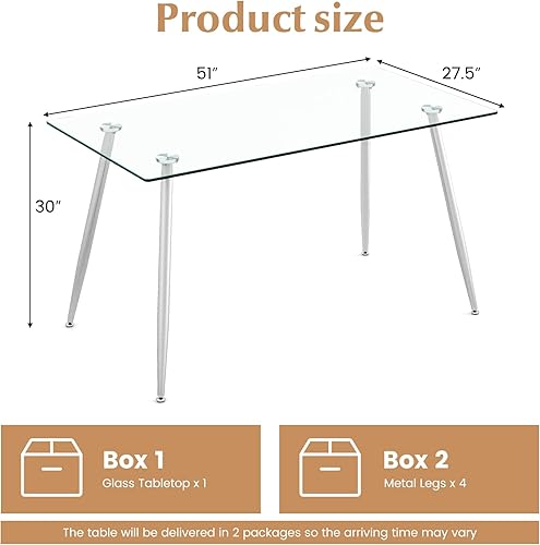Miniatura 3 de Tangkula Mesa de comedor de cristal, mesa rectangular moderna con mesa de vidrio templado y patas de acero plateado, mesa versátil de cocina simple