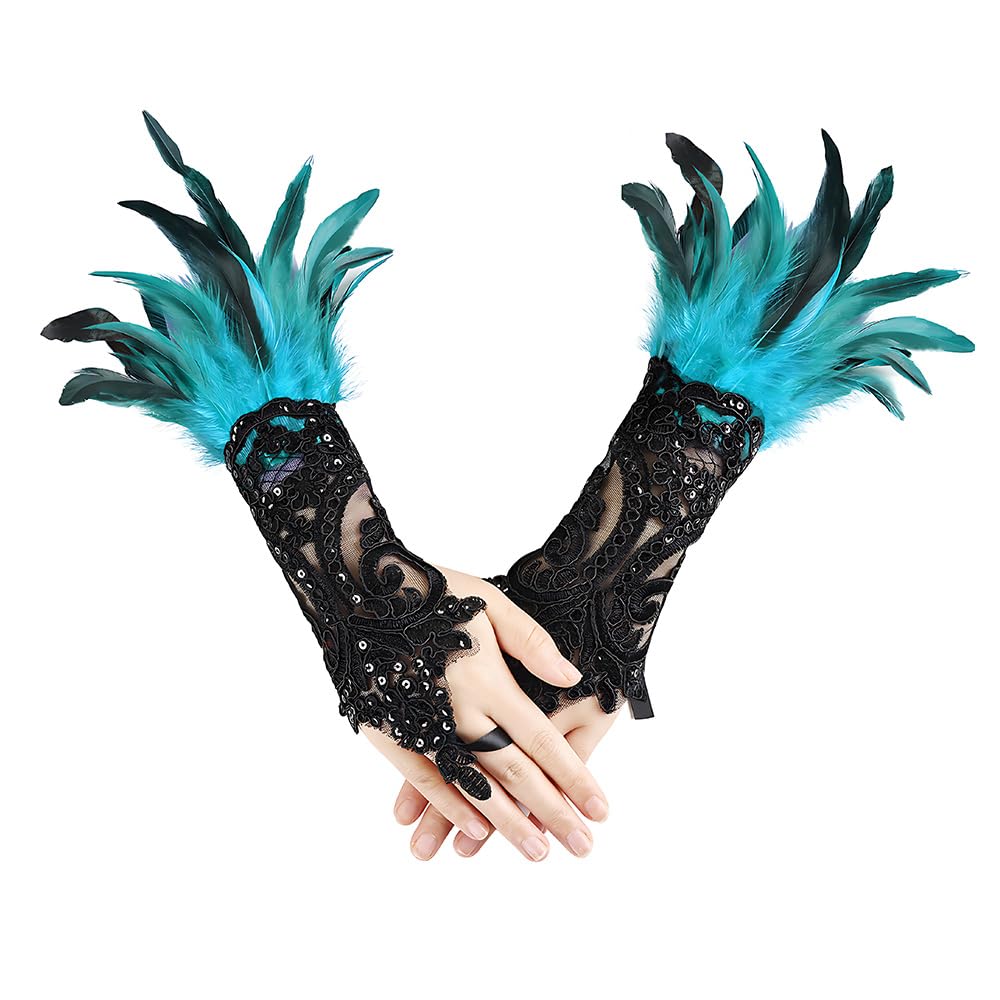 ZSUIQIN 1 Pair Feather Wrist Cuffs,Feather Gloves,Long Lace Fingerless Gloves,Suitable for Bonfire Nights Celebrations