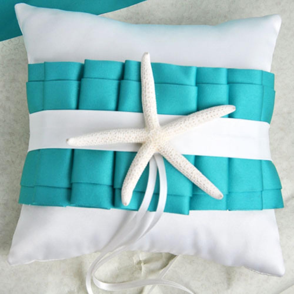 CheckMineOut 8''x8'' White Turquoise Starfish Satin Sea Shell Ring Bearer Pillow Beach Themed Wedding Favors Bridal Shower Party Decoration