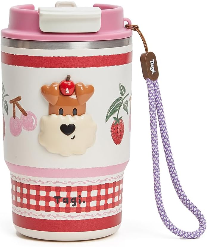 Tagi. Popcorn Stainless Steel Tumbler 16oz with with Foldable Straw, 316L Stainless Steel Insulated Water Bottle, Leak-Proof, Fits in Cup Holder (Strawberry Cherry)