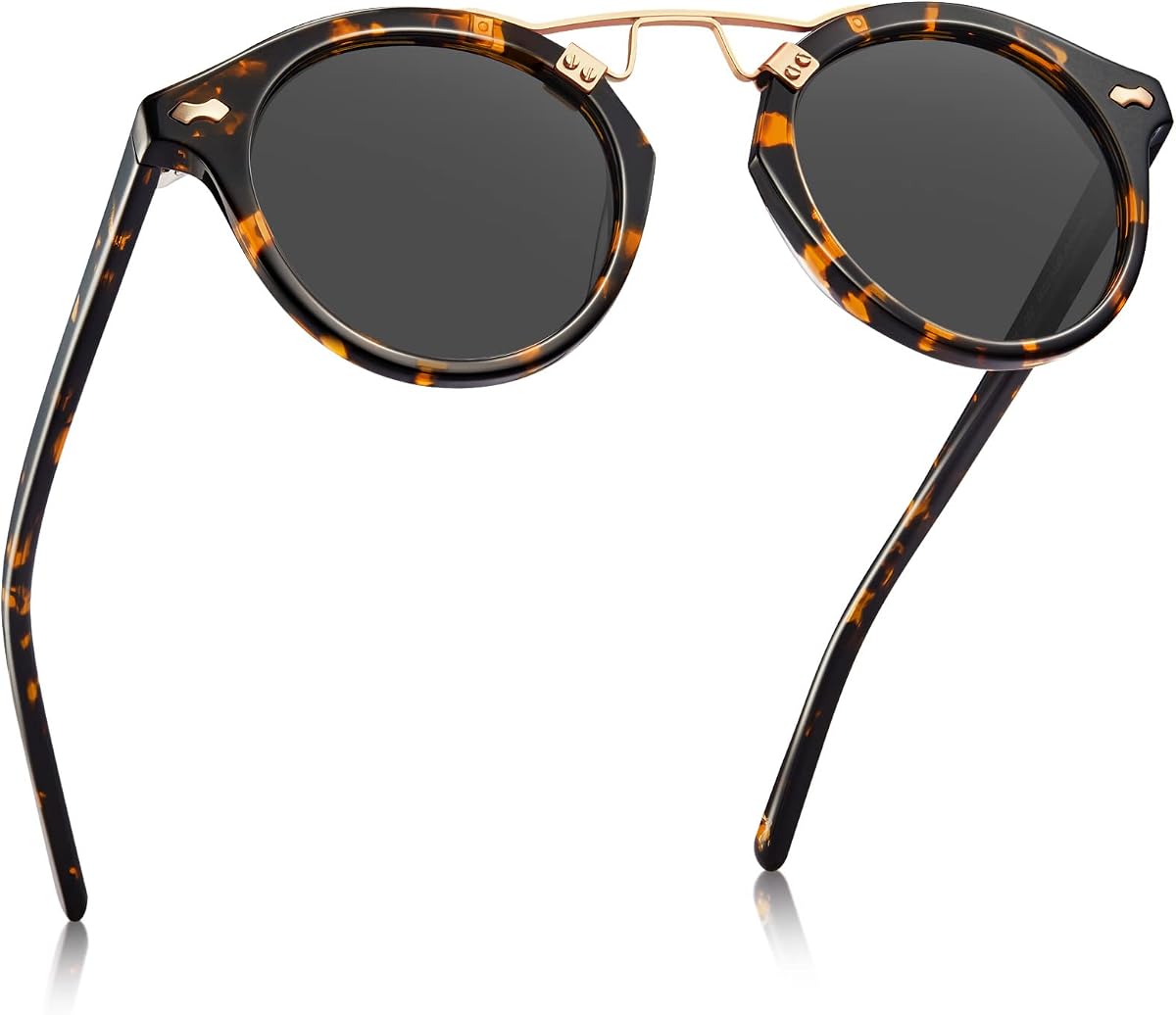 Gafas de sol redondas polarizadas de acetato con doble puente y cara pequeña CARFIA para mujer | Estilo de diseño de puente de metal retro, protección UV400, marco que no se decolora. Perfecto para conducir, playa, golf, diario y regalos.