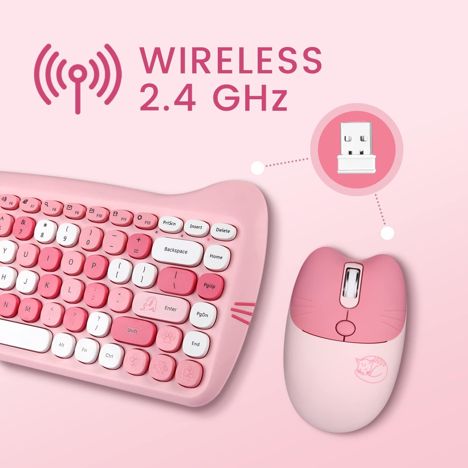 Perixx PERIDUO-715 Wireless Mini Keyboard and Mouse Set - Cute Cat-Like Design - Pink Candy Colors - Type-C Adapter - US English