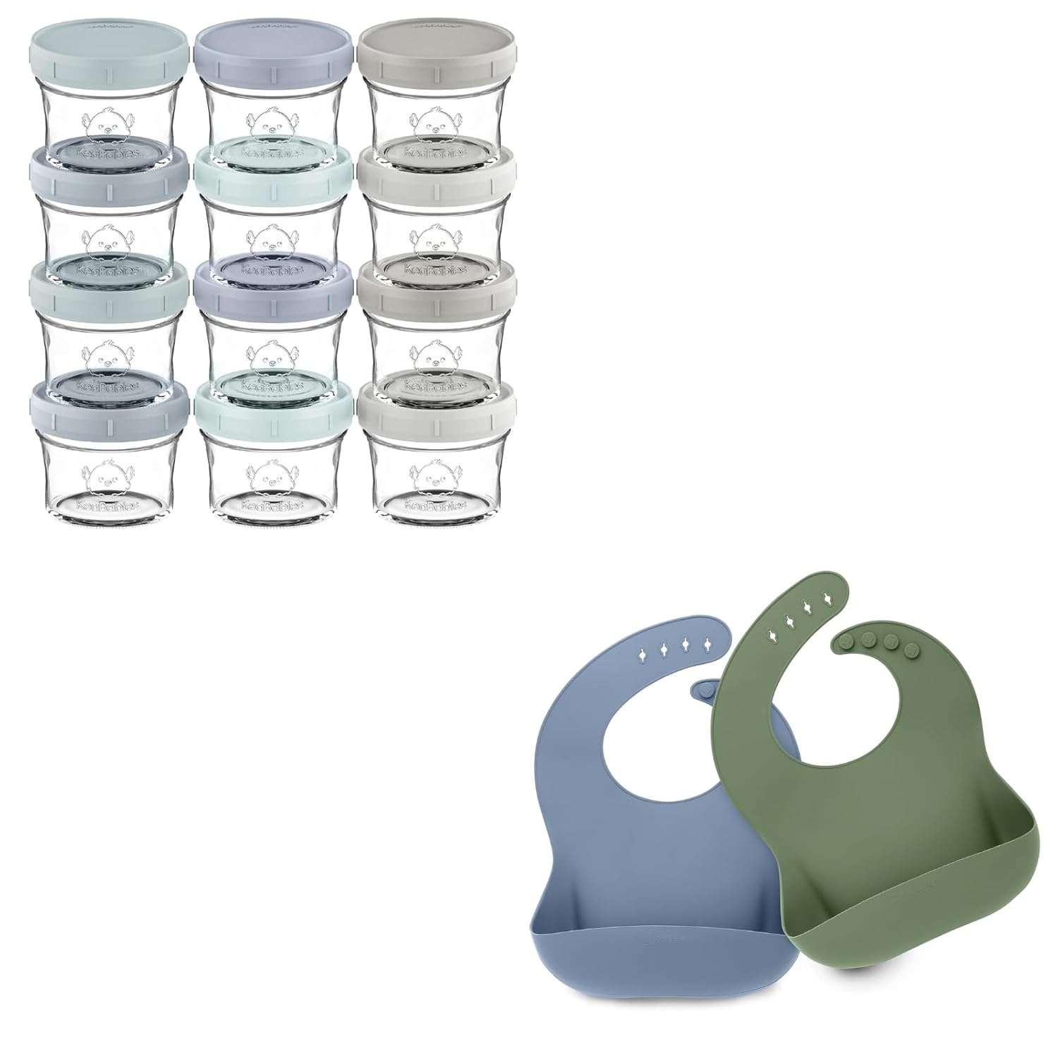 KeaBabies 12-Pack Baby Food Glass Containers and 2-Pack Baby Silicone Bibs - 4 oz Leak-Proof, Microwavable, Baby Food Storage Container - Waterproof, Easy Wipe Silicone Bib for Babies, Toddlers