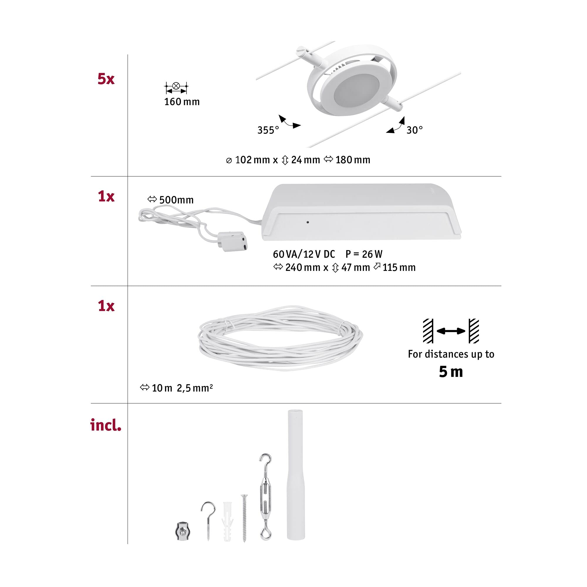 Paulmann 94416 CorDuo Juego de sistema de cable LED RoundMac DC incl. 5x4,5 vatios extensible Blanco, cromado Cable metálico 3000 K