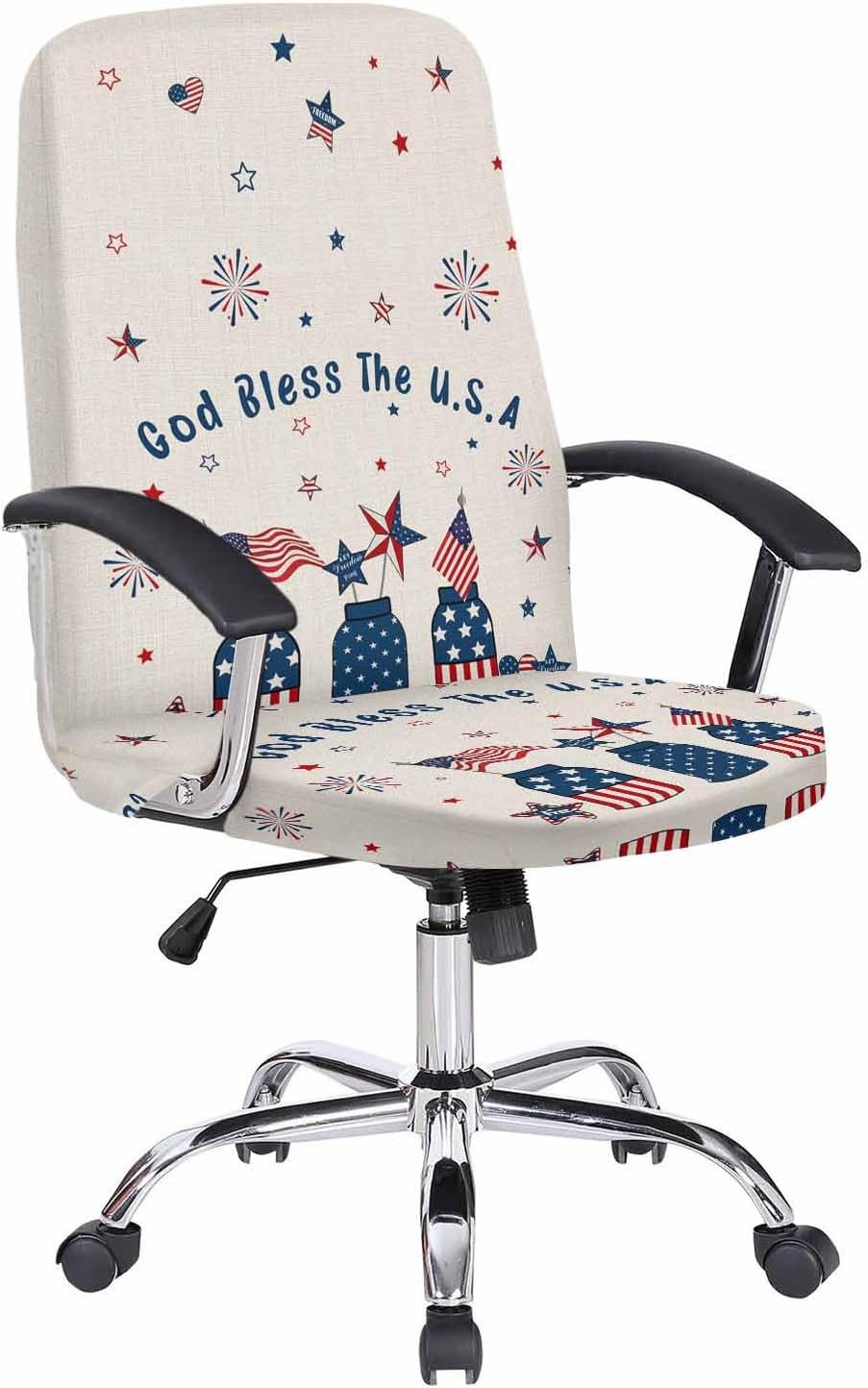 Savannan Office Chair Cover, God Bless The USA Independence Day Bottle American Flag Star Blue Plaid,Elastic Chair Covers Stretch Chair Covers Office Chair Covers,1 Piece, Large with Arm Cover