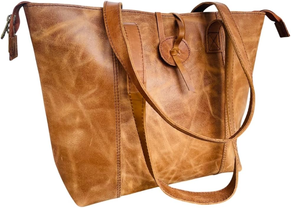 Vintage Full Grain Leather Tote Bag, Women's Large Shoulder Handbag with Interior Zip Pocket, Handmade Shopping Purse, 40.64 length x10.16 Width x 30.48 Height cm