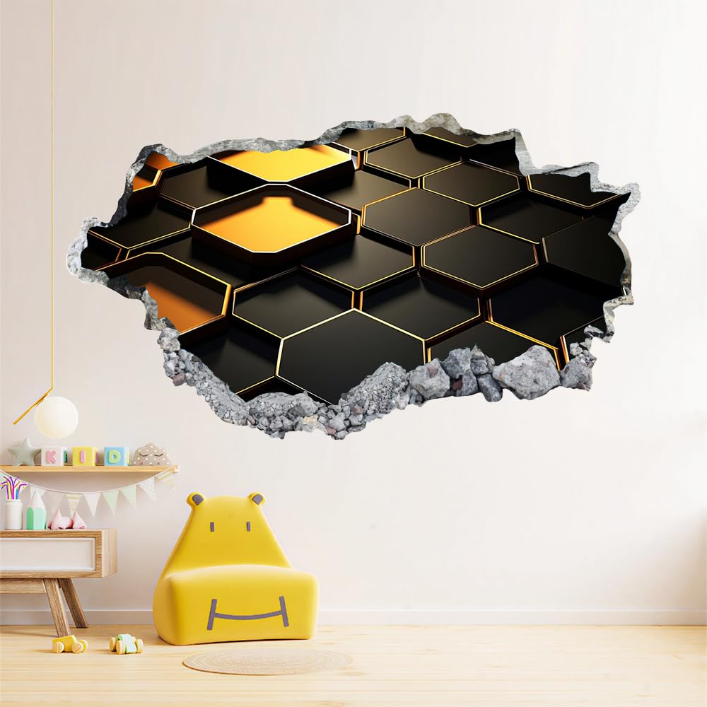 3D Wandtattoo Durchbruch Wanddeko Geometrie Wanddurchbruch sticker Wandbild Wandsticker Schwarz Und Gold Wohnzimmer Wanddeko Wandaufkleber für Kinderzimmer Mädchen Teenager Zimmer