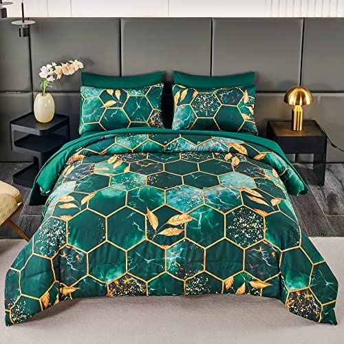 ANGIYUIN Emerald Green Printed Marble Comforter Set Queen, 7Pcs Geometric Hexagon Theme with Gold Leaf Bed in A Bag, Modern Foil Print Bedding Sets with Sheets Pillowcases (Green Queen)