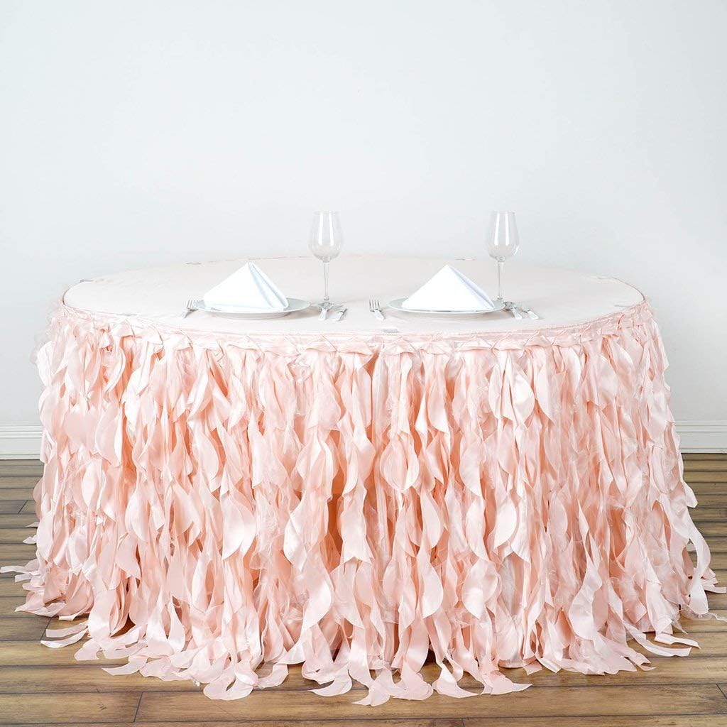 TABLECLOTHSFACTORY 14ft Enchanting Curly Willow Taffeta Table Skirt for Kitchen Dining Catering Wedding Birthday Party Events - Blush