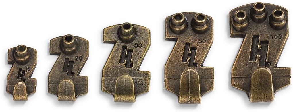 HangZ 30007 Gallery Picture Hooks Assorted Value Pack, 10lb-100lb, 19-Piece, Antique Brass