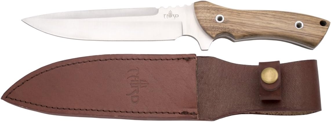 Hunting Fixed Blade knife H0257J with 18 cm steel blade, wooden handle (zebrano), with leather sheath.