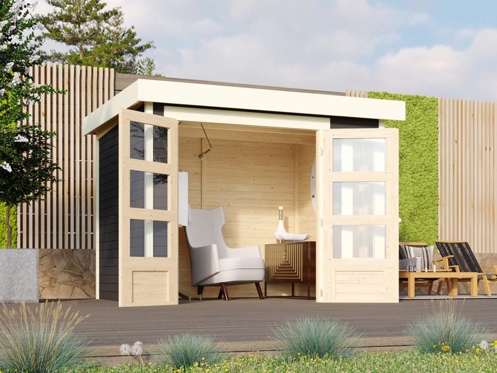 Karibu Gartenhaus | Gerätehaus mit 19 mm Wandstärke | Doppeltür mit Lichtausschnitten + Fenster | Schuppen mit 5,26 m² Grundfläche | Steck-/Schraubsystem | Terragrau | 242 x 217 x 211 cm