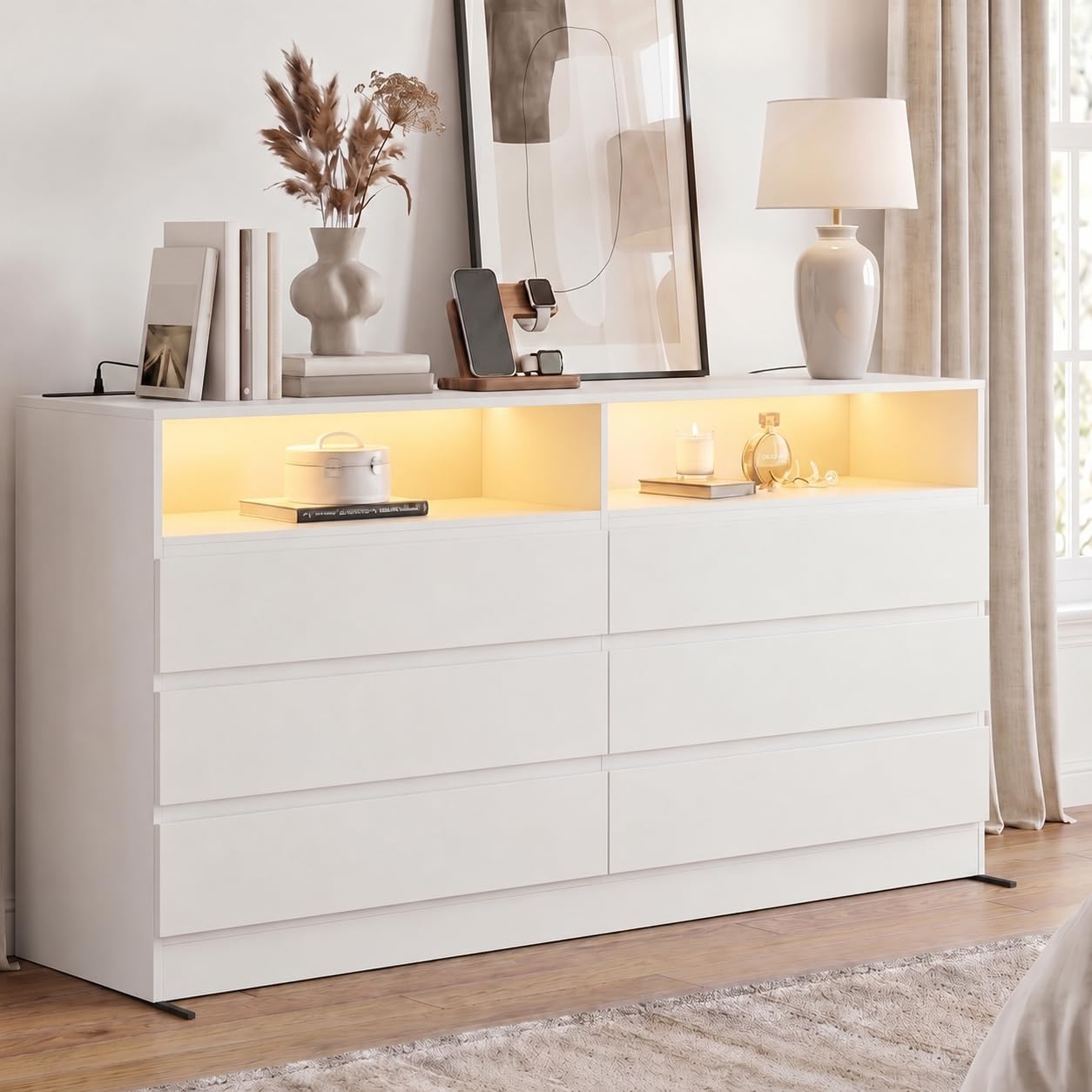 Gyfimoie White 6 Drawer Dresser with Power Outlet