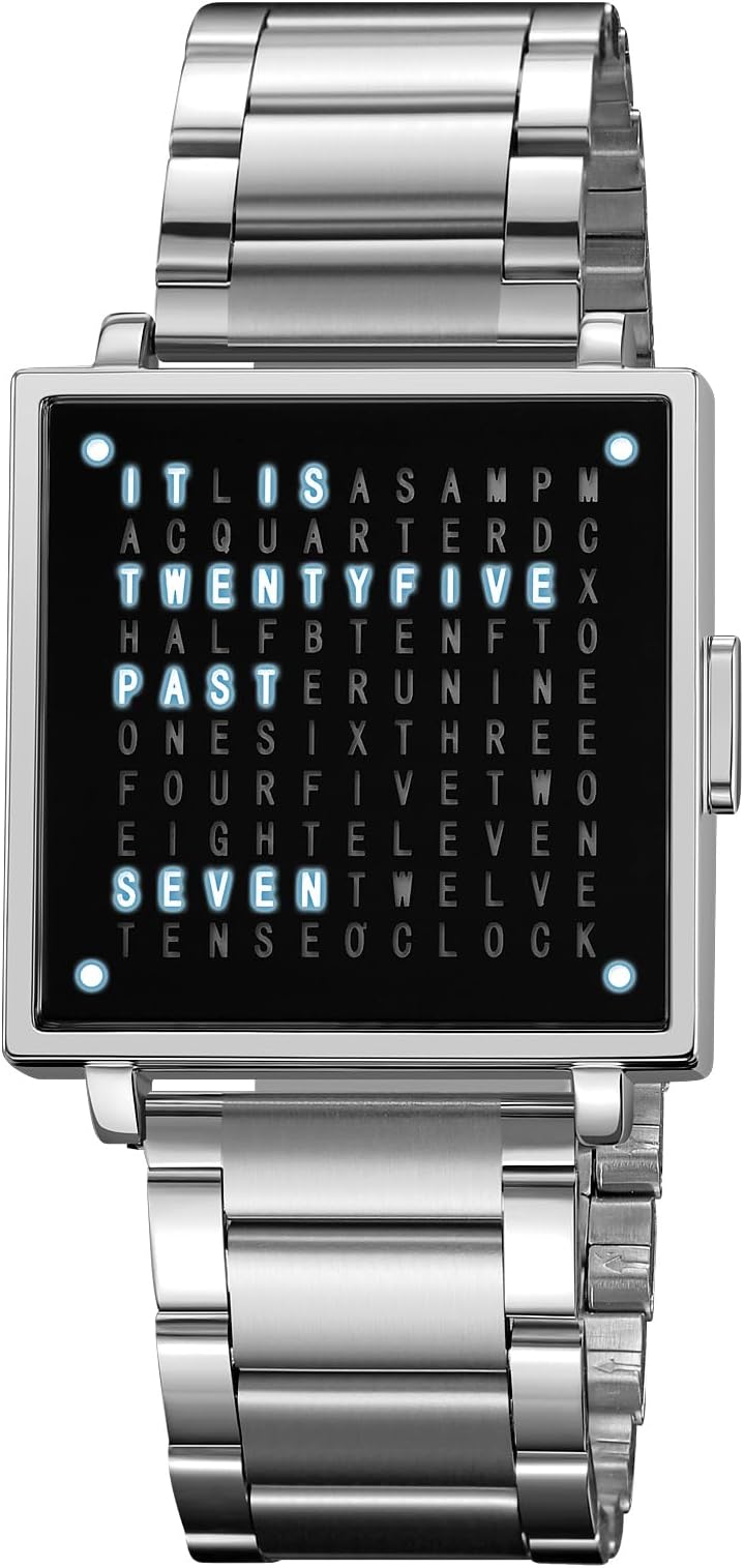 Gosasa Men’s Square Word-Matrix LED Watch Read Time in Words 30 m Waterproof Big Face Multifunctional Date Wristwatch Vintage Luxury Business Dress Timepiece Stainless Steel or Gold/Silver Toned Leather Strap Gift for Men