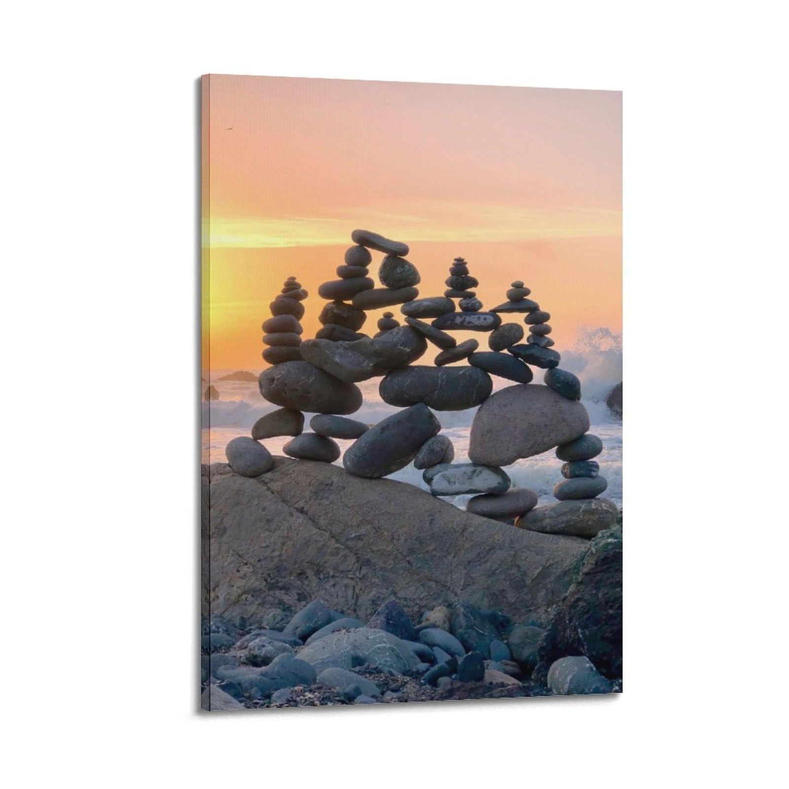 Zen Stones Poster Yoga Meditation Tranquil Sea Stone Tower Rhythm Poster Decorative Painting Canvas Wall Posters And Art Picture Print Modern Family Bedroom Decor Posters 20x30inch(50x75cm)