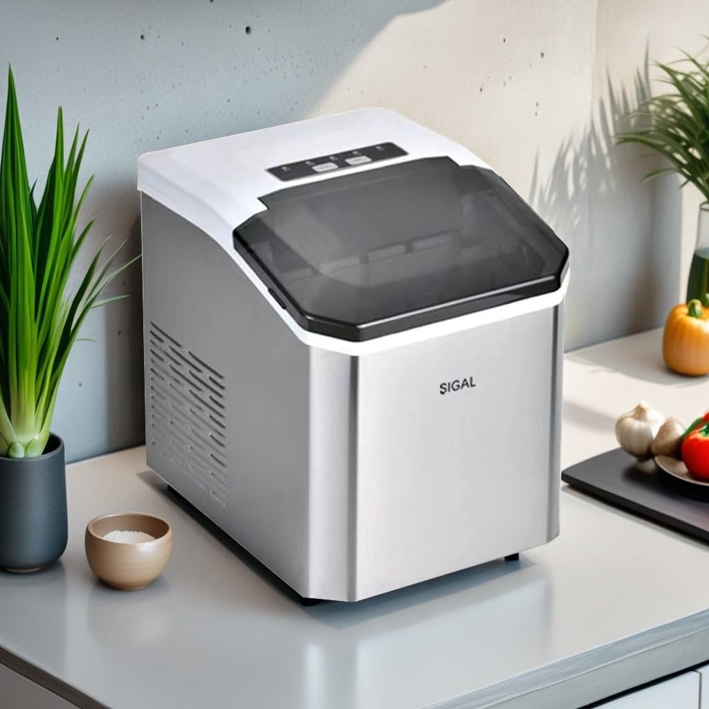 SIGAL Countertop Ice Maker, Fully Automatic with One-Click Self-Cleaning, Selectable Ice Size, White
