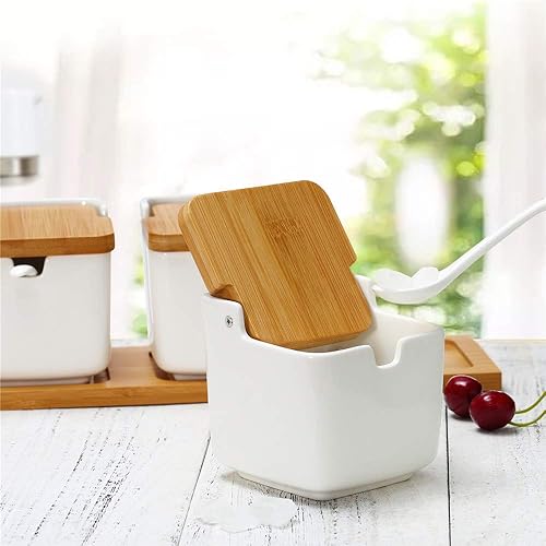 Miniatura 4 de Tarro de porcelana para condimentos, recipiente de cerámica con tapa abatible para especias con tapas de bambú y cucharas, para cocina y hogar