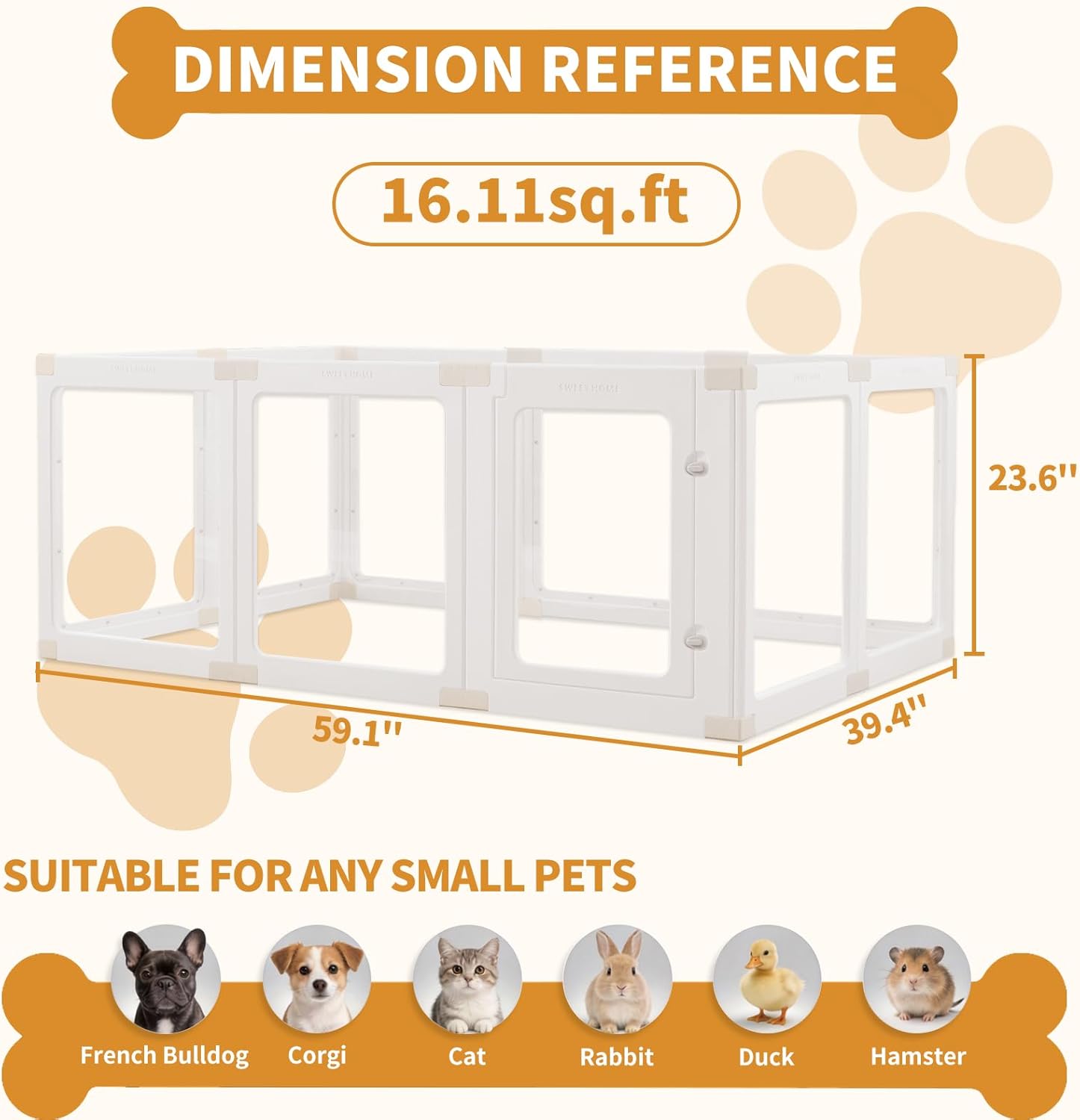 Acrylic Dog Playpen Indoor, 23.6 Inch Small Pet Play Pen for Puppies and Dogs, Easy Assemble Dog Fence with Khaki Blocking Connectors (White, 10 Panels)