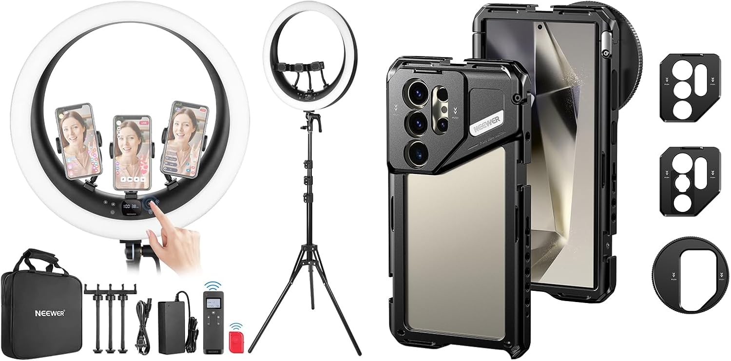 NEEWER Ring Light RP19H 19 Inch with Tripod Stand 3 Phone Holders and PA042 S24 Ultra Phone Cage, Ringlight for Video Recording Streaming Home Office Zoom Selfie Makeup