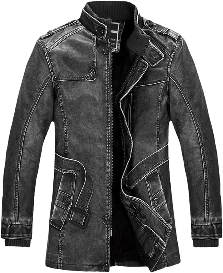 KEHAIOO Men's Winter Warm Biker Leather Jackets Fleeced Motorcycle Faux Leather Coats Stand Collar Plus Size