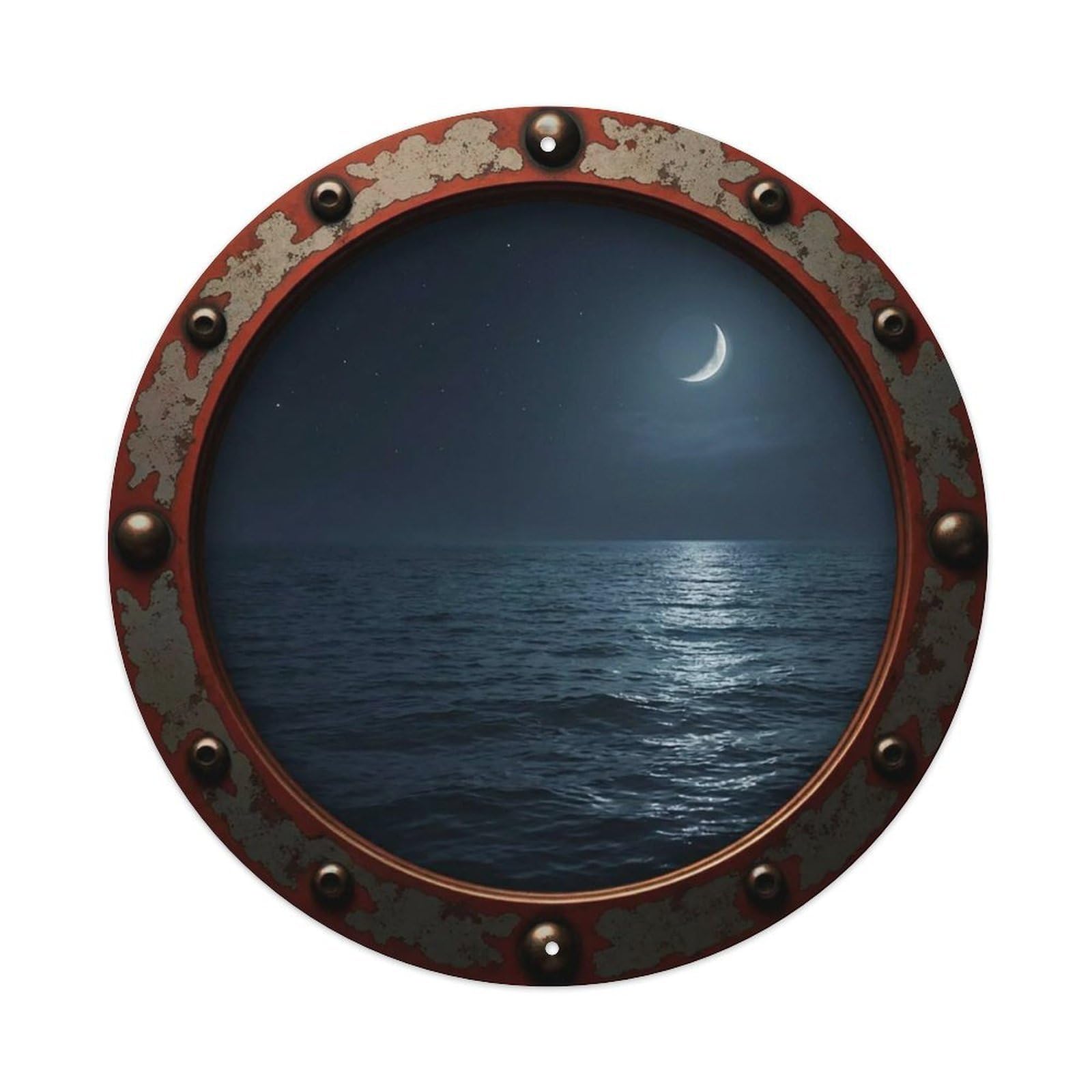 Vintage Porthole Crescent Moon Glow View Vintage Metal Tin Sign Plaque Wall Decor for Cafe, Club Bar, Office, Garden Metal Poster 8x8Inch