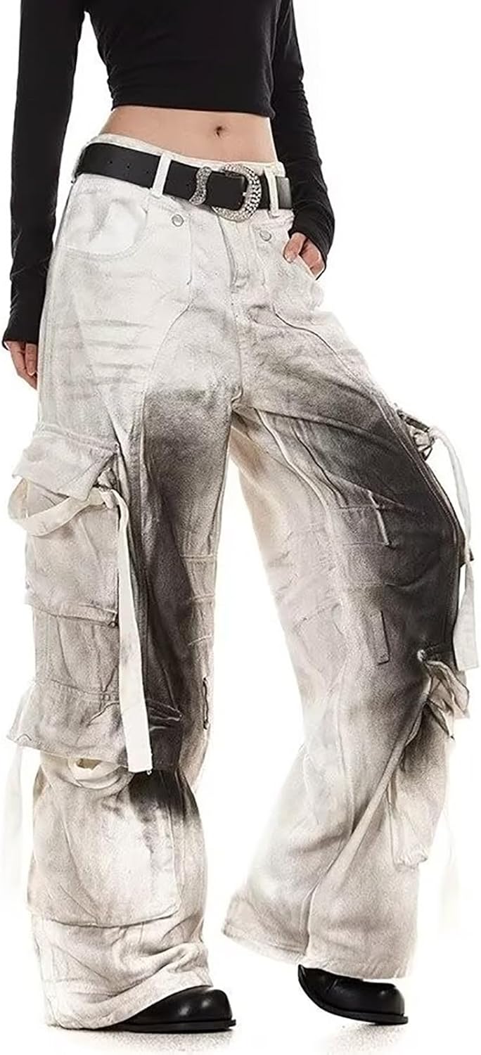 jupkem Men's Baggy Jeans Y2k Goth Vintage Wide Leg Women Fashion Punk 90s Hip Hop Cargo Pants Harajuku Streetwear with Pocket
