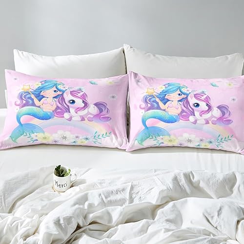 Miniatura 6 de Erosebridal Sábanas de cama de sirena azul para niñas, bonita sábana bajera ajustable de unicornio, 2 piezas, ropa de cama de arcoíris femenino de