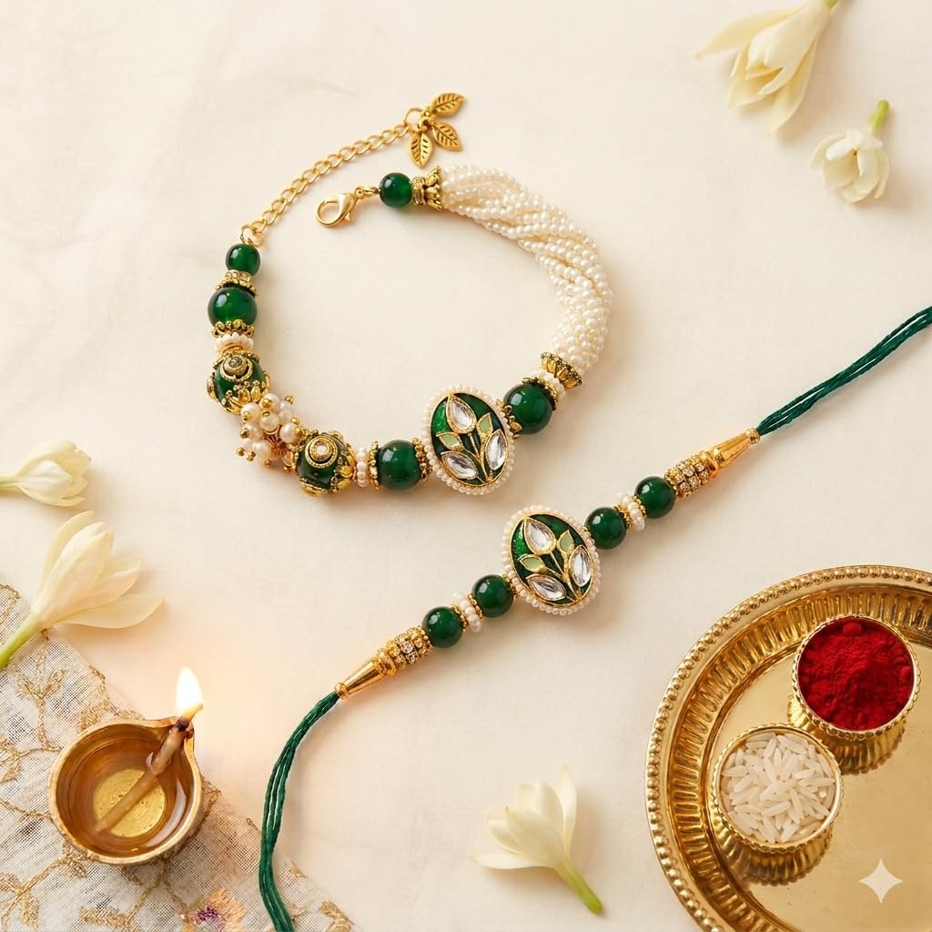 Premium Handmade Bhaiya Bhabhi Rakhi Gift Set for Raksha Bandhan | Designer Couple Rakhi with Outing Ring Charm, Kundan Ball & Glass Beads | Rakhi Combo with Roli (Kumkum), Chawal & Greeting Card | Elegant Rakhi Gift for Brother / Sister / Sister-In-Law