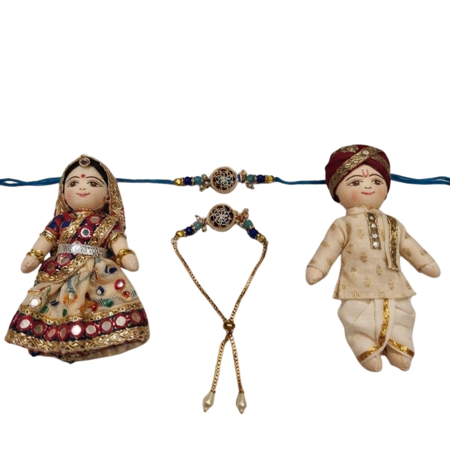 Blue Designer Rakhi and Bracelet Combo with Floral Motif for Brother Gift Set-image-0