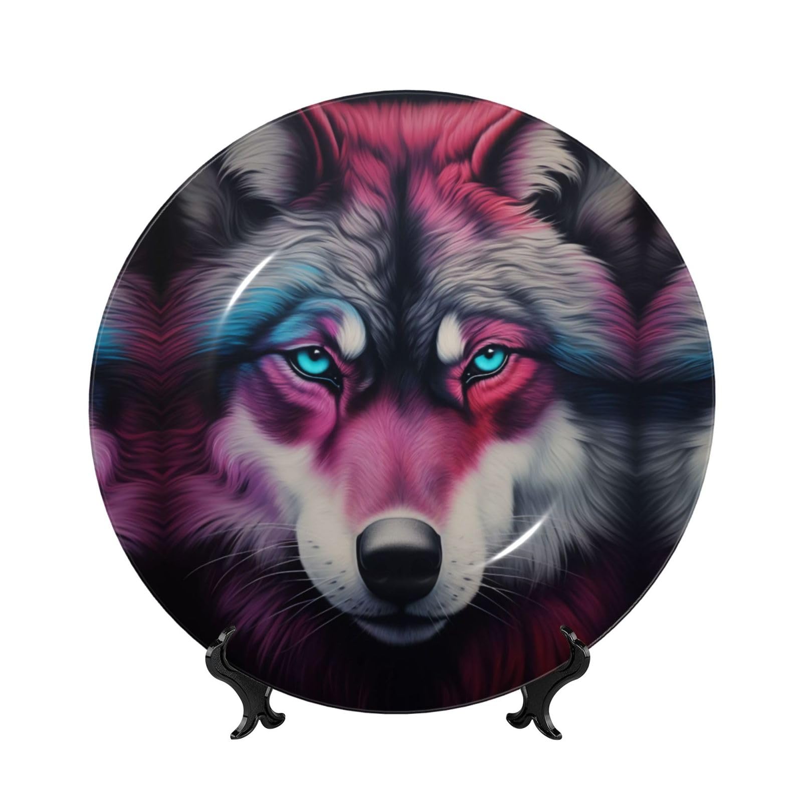 SXZVVBN The wolf with blue eyes Bone China Decorative Plate Art with Stand Removable Adhesive Hanging for Home Office 8in（20cm）