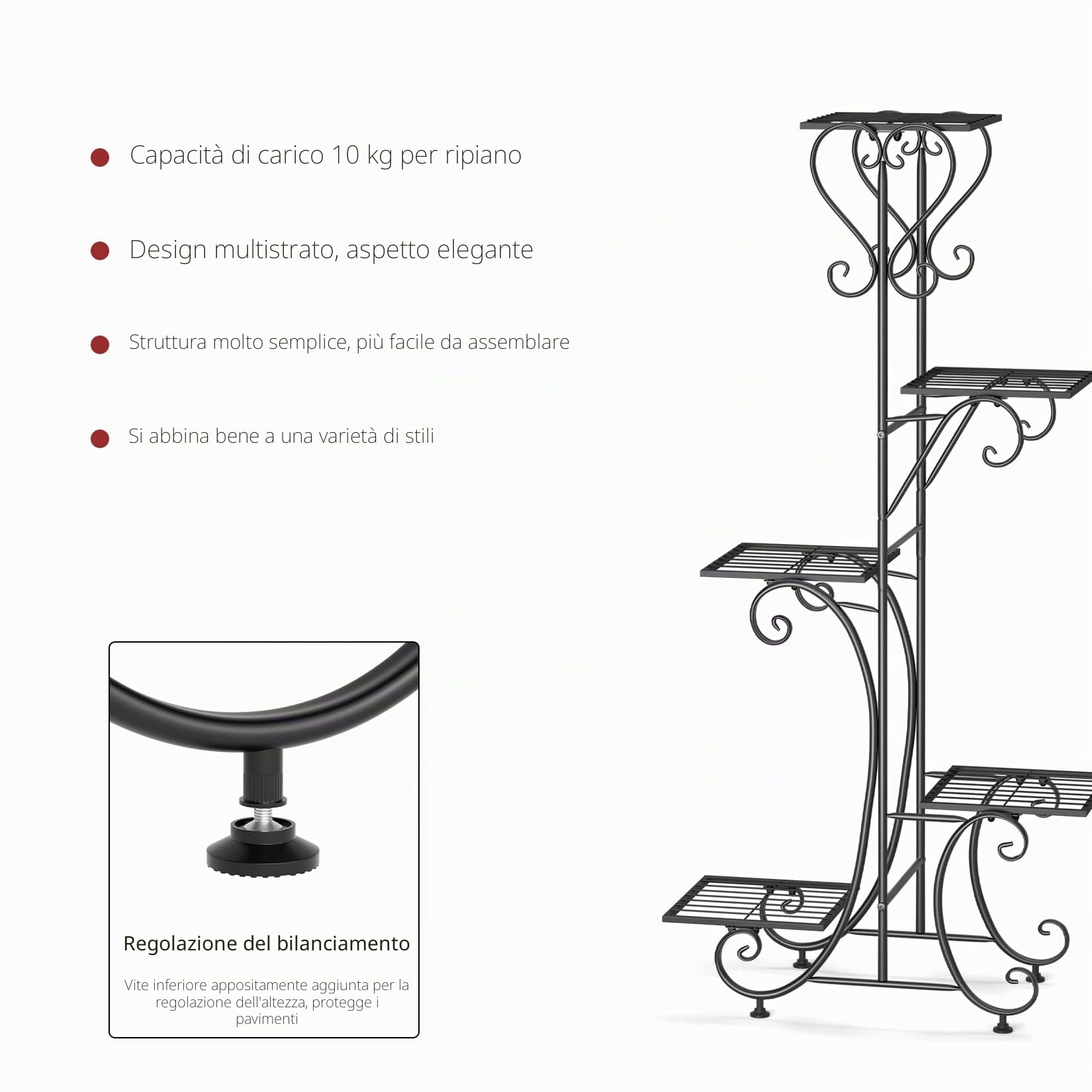 unho Scaffale per Piante Ferro Metallo: 5 Ripiani Portapiante da interno Portafiori esterno Portavasi a Verticale Supporto per Piante in ferro battuto da Balcone Giardino Terrazzo