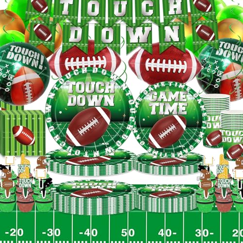 DawnHope Football Party Decorations Superbowl Party Supplies, Serves 24: Paper Plates, Napkins, Cups, Cupcake Toppers, Balloons, Banner, Tablecloth, Green, Football Theme