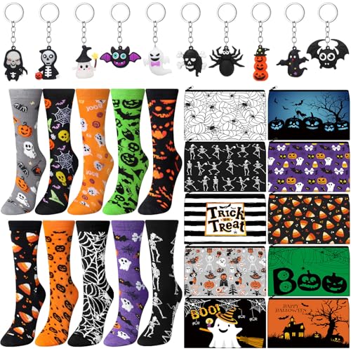 30 Pcs Halloween Gift Bulk for Women Halloween Spider Webs Makeup Cosmetics Bags and Skeleton Bats Ghosts Pendant Ornament Keychains Pumpkin Socks Gothic Gift for Trick or Treat Party Favor