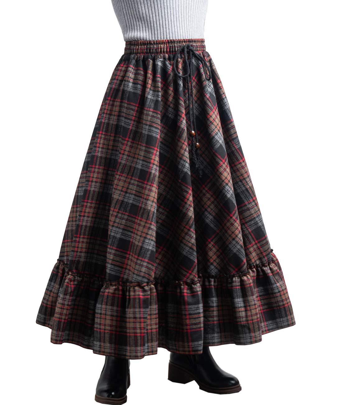 Femiserah Women's Elastic Waist A Line Long Maxi Plaid Wool Skirt Vintage Wool Skirt