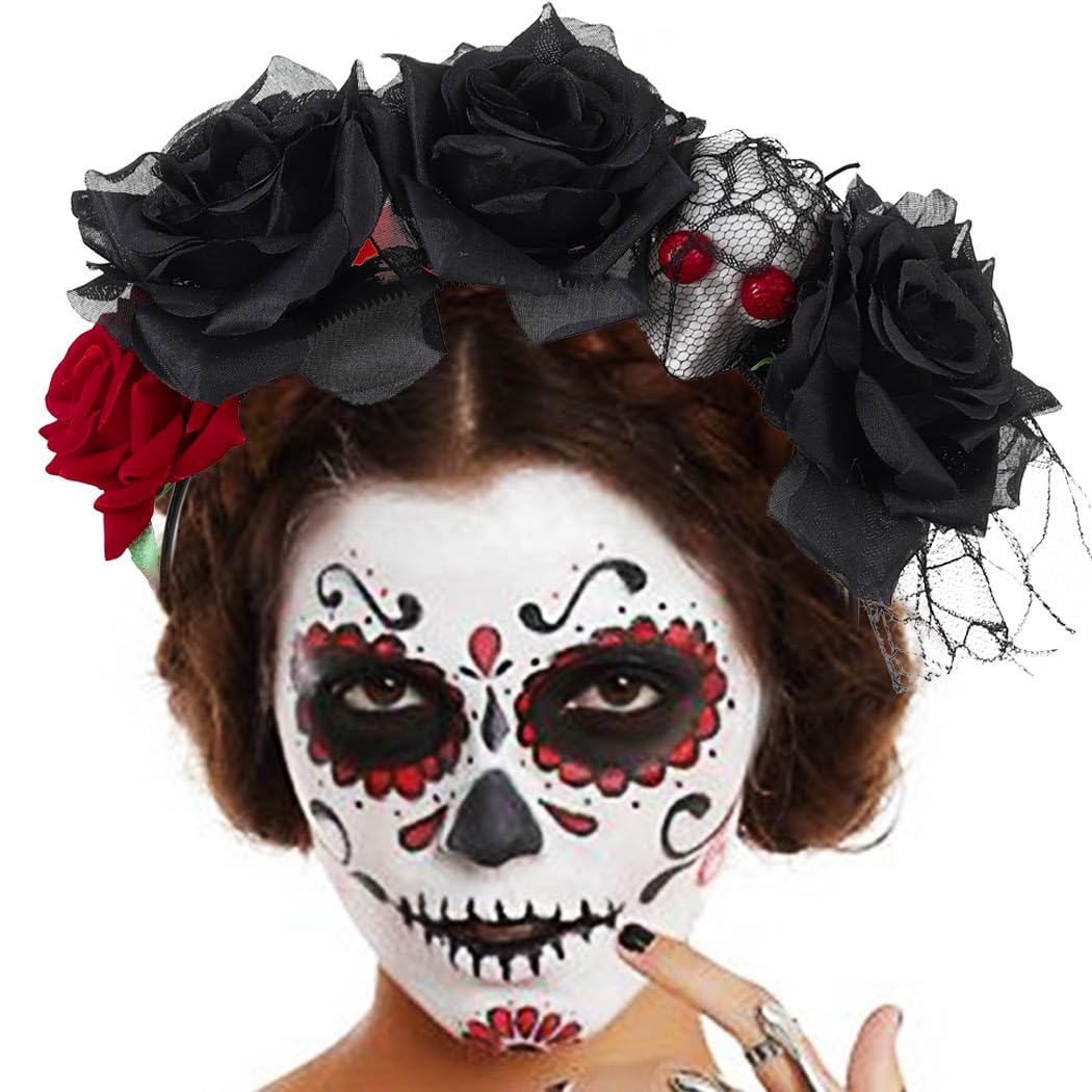 Cerchietto per capelli Dia de los Muertos Halloween Rose Cerchietto Giorno della corona di fiori morti Messicani Fascia per capelli da donna per feste costume rosa fiore corona copricapo cosplay