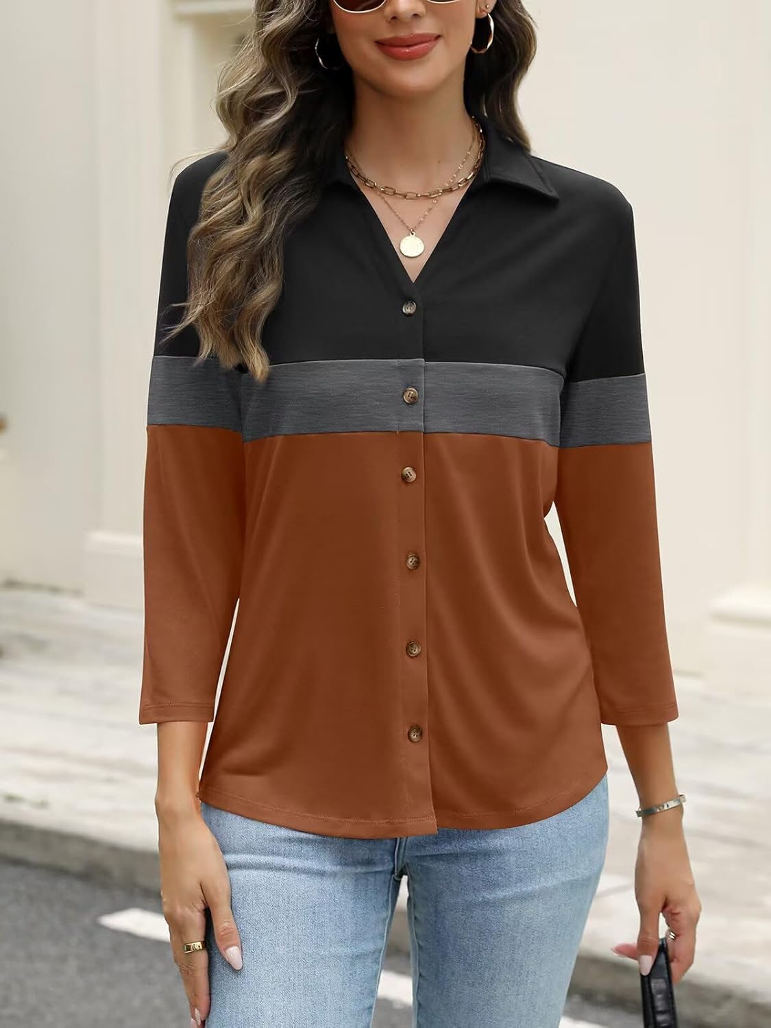 ORANDESIGNE Women's Button Down Shirts 3/4 Length Sleeve Polo Collared Tops Business Casual Color Block Summer Tees - Image 4