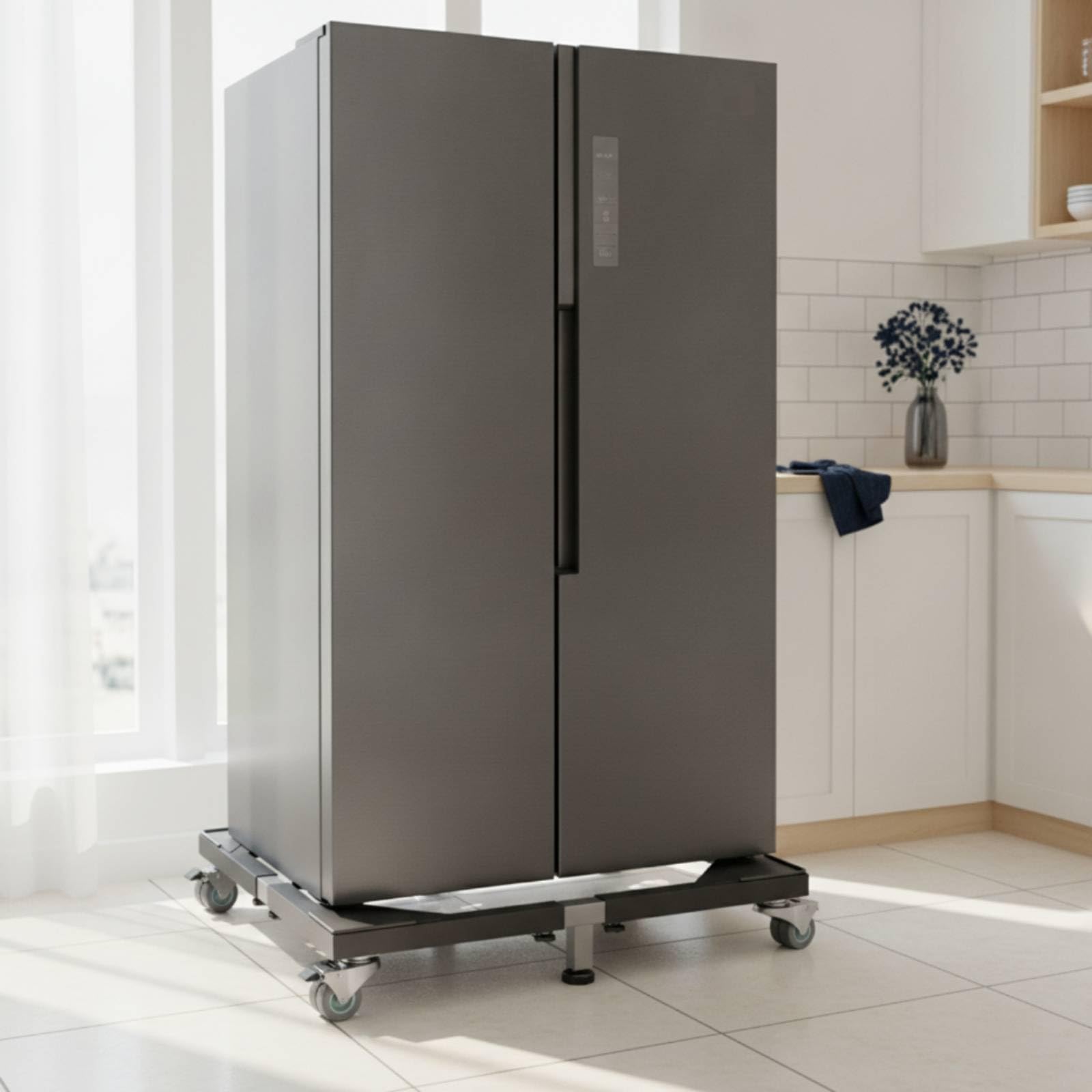 Kühlschrank Untergestell Sockel Plattform Rahmen Rollenständer aus Edelstahl mit Höhengebendem Aufbau Und Vibrationsdämpfenden Ecken für Küche Haushalt Reinigung, Schwarz