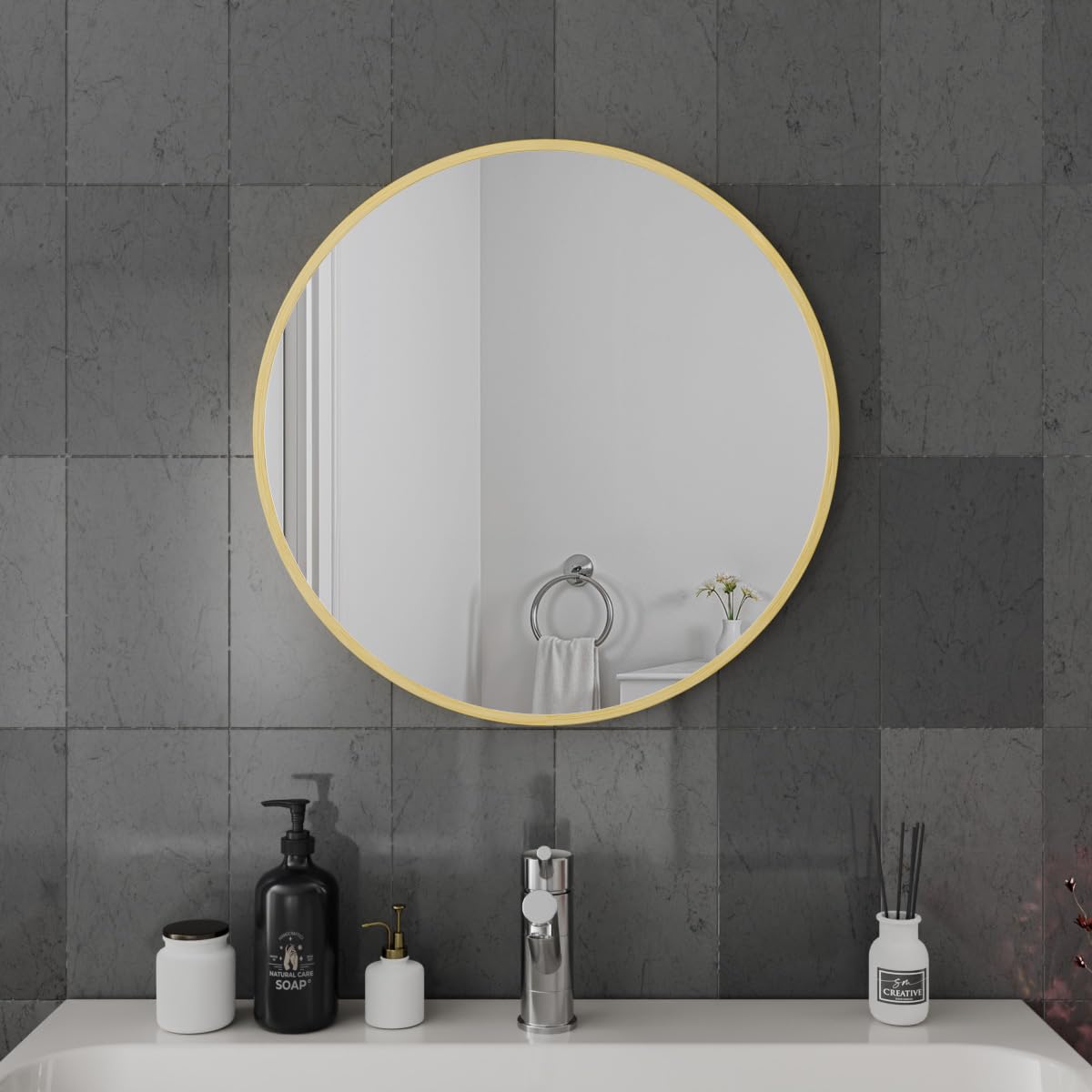Harper & Harlow Ursa Wall Mounted Bathroom Vanity Mirror, 600x600mm, Round Circular Edge, Stylish Brushed Brass Frame, Easy Installation, for Bathroom Bedroom Living Room