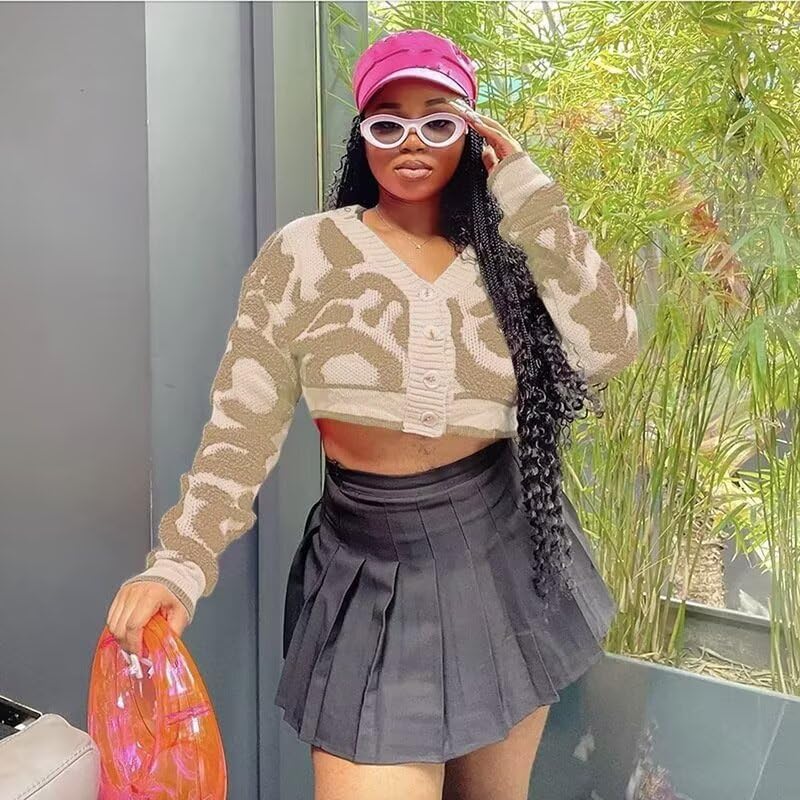 Image of ThusFar Women Fashion Button Down Colorblock Cardigan Sweaters Fall Slim Crop Outwear Open Front Knit Coat Streetwear