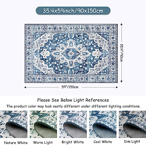 Moynesa Ultra-Thin Washable Vintage Area Rug - 4x6 Living Room Rug for Bedroom Office, Low Pile Non Slip Oriental Laundry Bathroom Mat Indoor Floor Carpet for Entrance Kitchen Mudroom