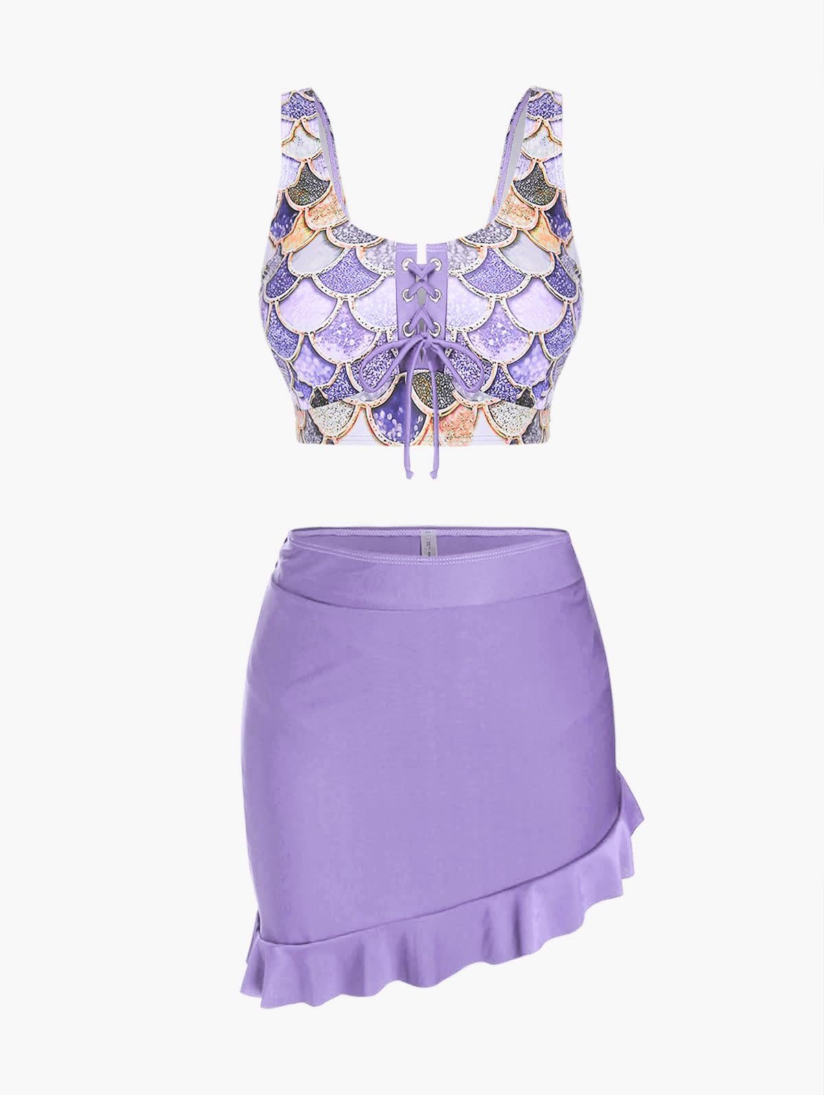 Rosegal 3-teiliger Tankini-Badeanzug für Damen, Übergröße, holografischer Meerjungfrauen-Druck, Schnürung, Badebekleidung